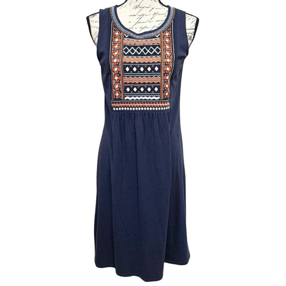 Garnet Hill Sleeveless KNIT DRESS Size S Navy Boho Embroidered Organic Cotton